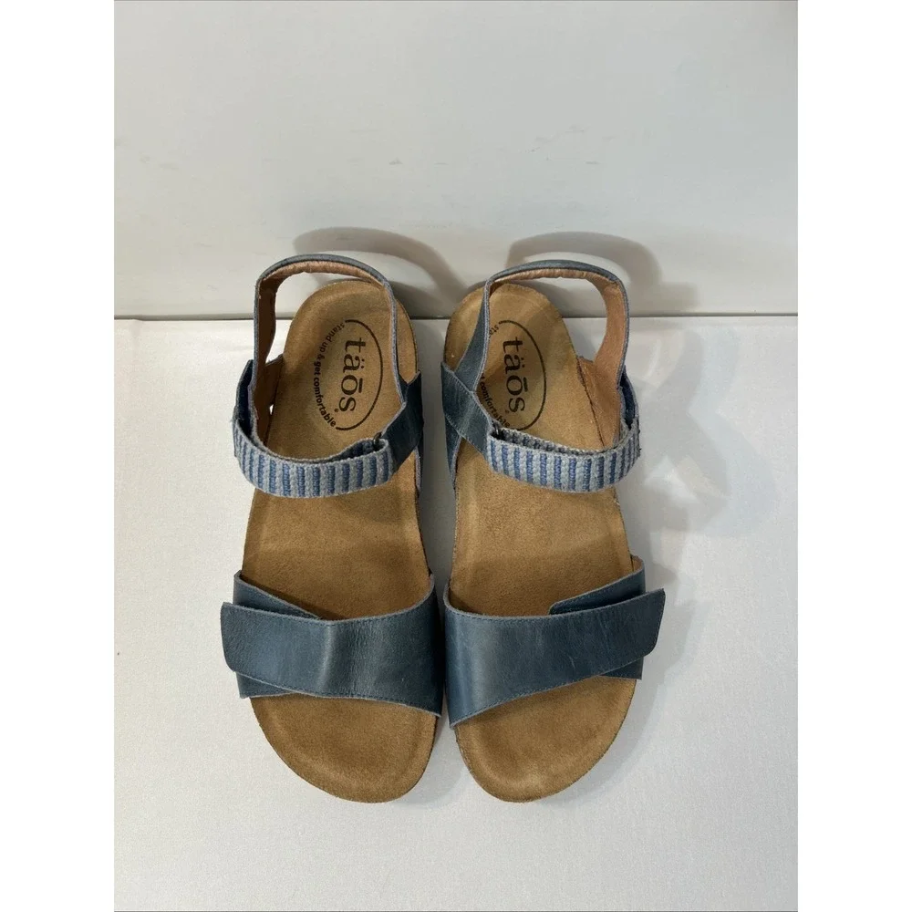 Taos Footwear Women's Symbol Petrol Blue Sandal 8 Cork Leather Suede Comfort